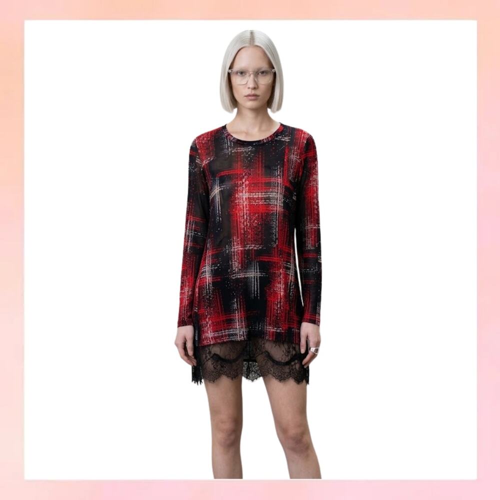 LOGO Lori Goldstein Red Black Abstract Print Lace Hem Tunic Size L